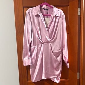 Zara Pink Satin Long Sleeve Dress